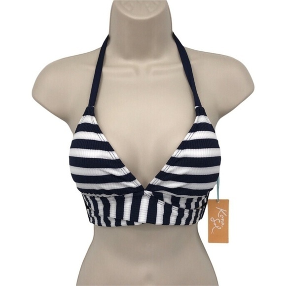 Bikini Top Med Navy & White Stripes Faux Wrap Halter - Picture 1 of 10